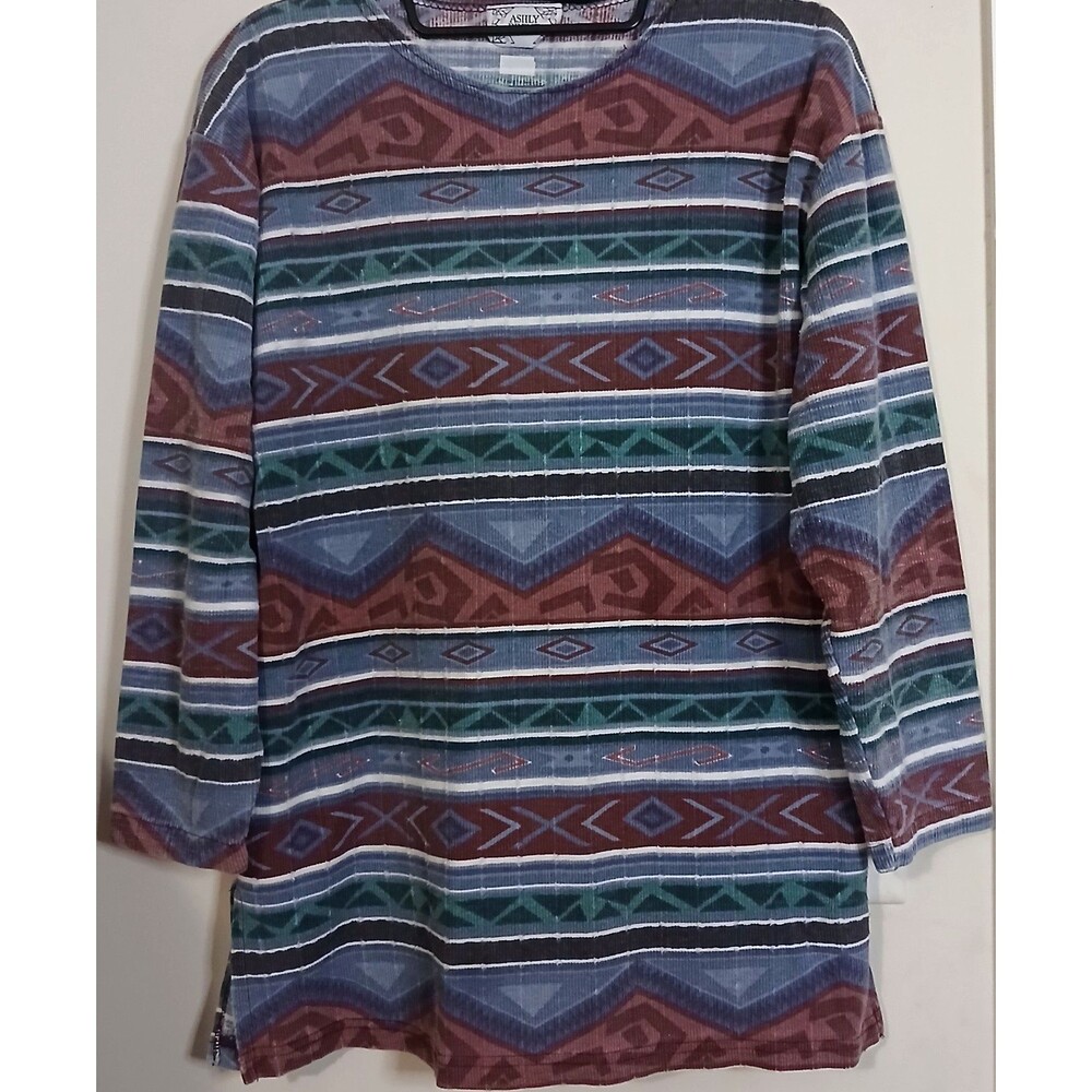 Vintage Southwestern Aztec Top Womens M 3/4 Sleeve Boho Tribal Tunic USA